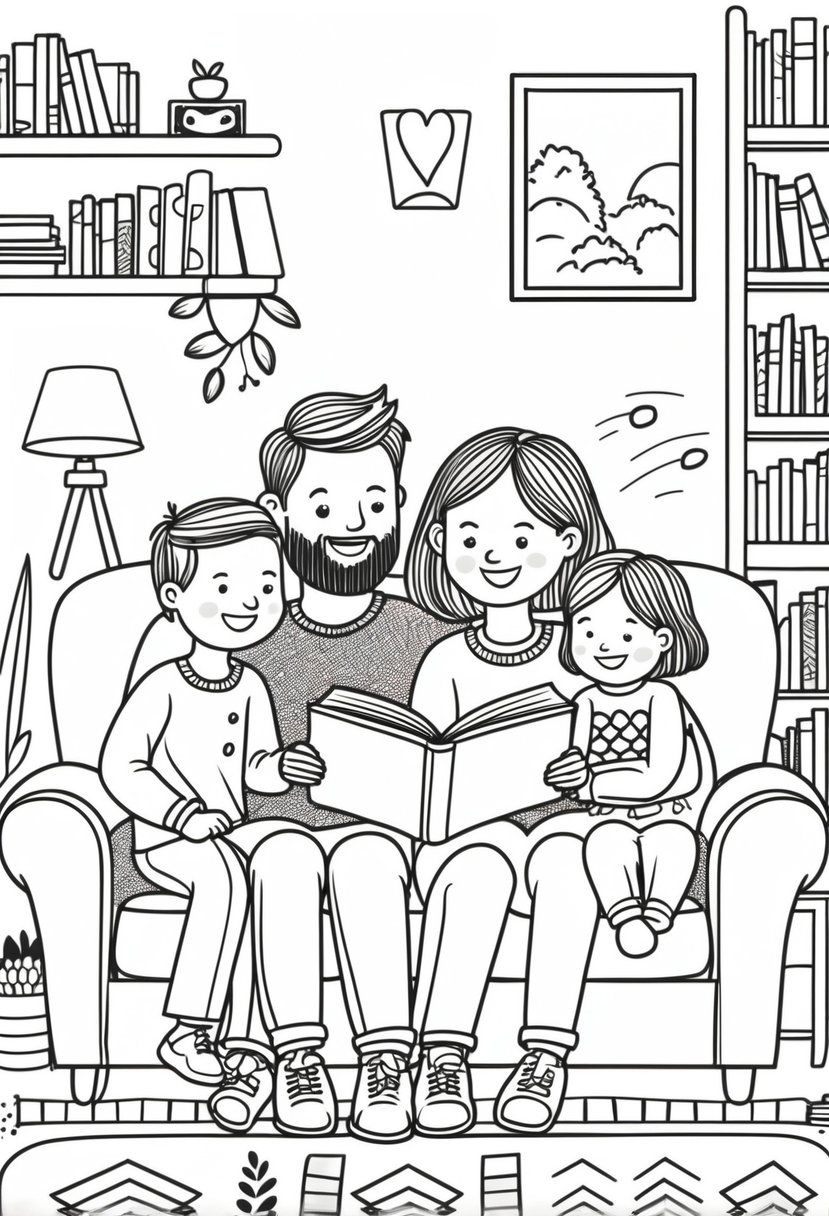 Family Coloring Pages 16 Fun and Creative Designs for All Ages 22 A family with two parents reading a book to two children sitting in front of them in a cozy living room.